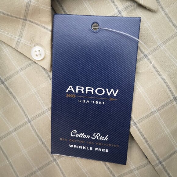 NWT Arrow Men's Size XXL Tan, White, & Grey Plaid Wrinkle Free Shirt - Picture 5 of 11